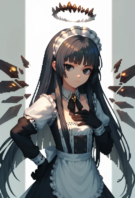 (score_9, score_8_up, score_7_up), (anime pixel art), 1girl, virtuosabase, black eyes, long hair, hime cut, maid outfit, long sl...