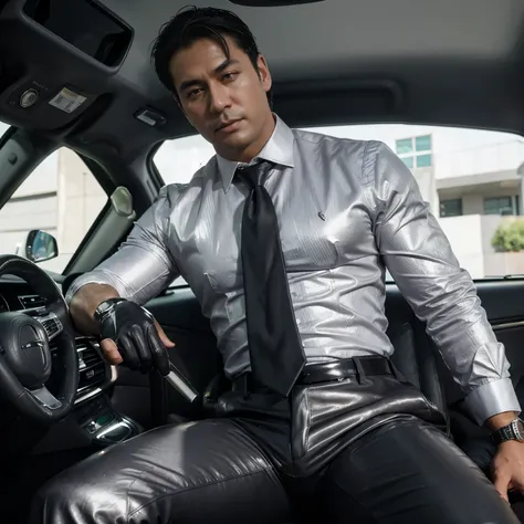 30 years old,daddy,"shiny suit",wear white shirt, very glossy pants, necktie, waistcoat, shiny satin trousers,dark gray satin fabric ,Dad sit in car,  k hd,in the office,"big muscle" ,black hair,asia face,masculine,strong man,the boss is,handsome,,leather ...