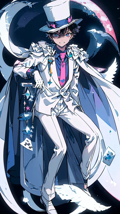(Mastepiece), (Best Quality), Very detailed, ((17 year old boy:1.5)), (Full body photography:1.3)、Perfect Face, Beautiful Face, Very detailedな顔,(Black short hair:1.3),(Blue Eyes:1.3)、((White Suit 1.4))、(Blue Shirt)、(Pink tie)、((White Top Hat 1.4))、((White ...