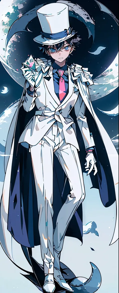 (Mastepiece), (Best Quality), Very detailed, ((17 year old boy:1.5)), (Full body photography:1.3)、Perfect Face, Beautiful Face, Very detailedな顔,(Black short hair:1.3),(Blue Eyes:1.3)、((White Suit 1.4))、(Blue Shirt)、(Pink tie)、((White Top Hat 1.4))、((White ...