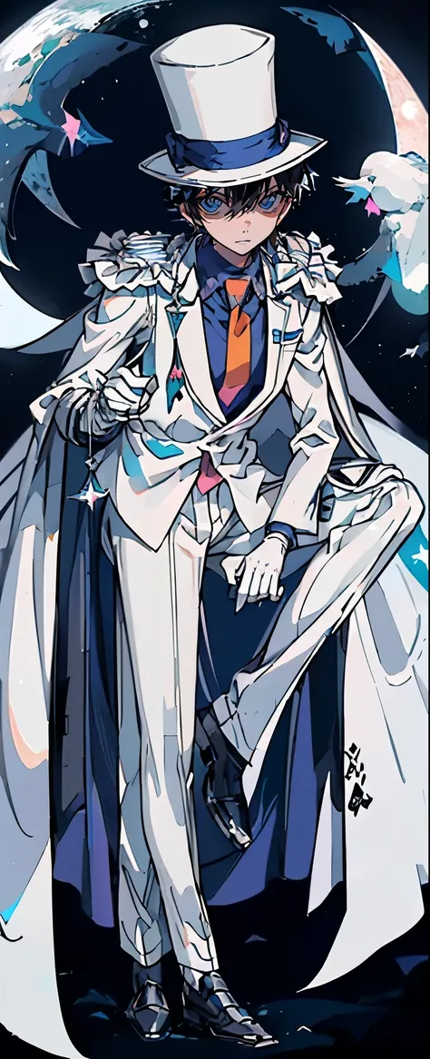 (Mastepiece), (Best Quality), Very detailed, ((17 year old boy:1.5)), (Full body photography:1.3)、Perfect Face, Beautiful Face, Very detailedな顔,(Black short hair:1.3),(Blue Eyes:1.3)、((White Suit 1.4))、(Blue Shirt)、(Pink tie)、((White Top Hat 1.4))、((White ...