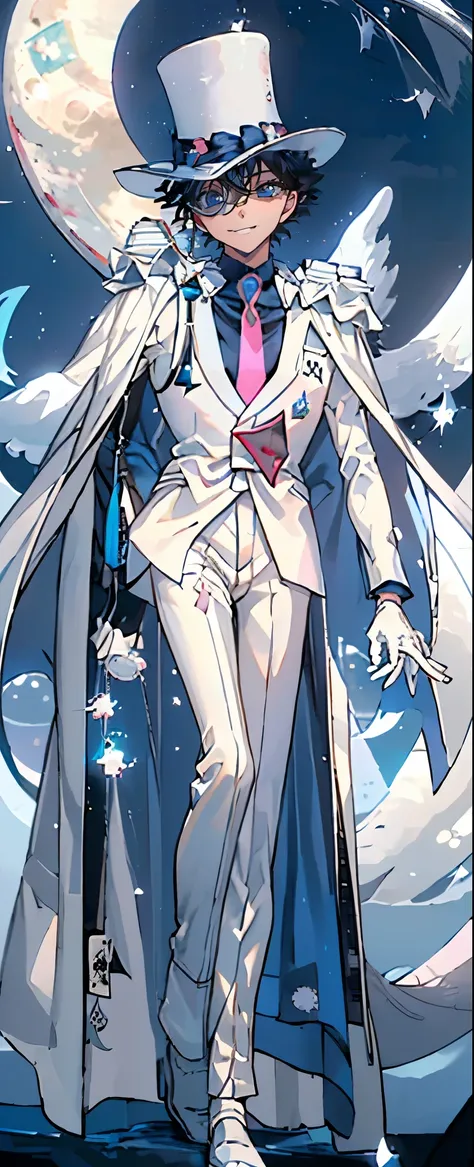 (Mastepiece), (Best Quality), Very detailed, ((17 year old boy:1.5)), (Full body photography:1.3)、Perfect Face, Beautiful Face, Very detailedな顔,(Black short hair:1.3),(Blue Eyes:1.3)、((White Suit 1.4))、(Blue Shirt)、(Pink tie)、((White Top Hat 1.4))、((White ...