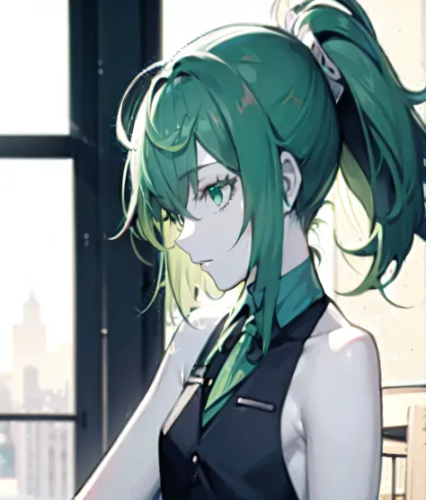 (masterpiece:1.2), (pale skin:1.2), (solo:1.2), (female:1.1), (emphasis lines:1.3), sitting, windows, table, ponytail, green hair, gloves, vest, bare shoulders, green eyes