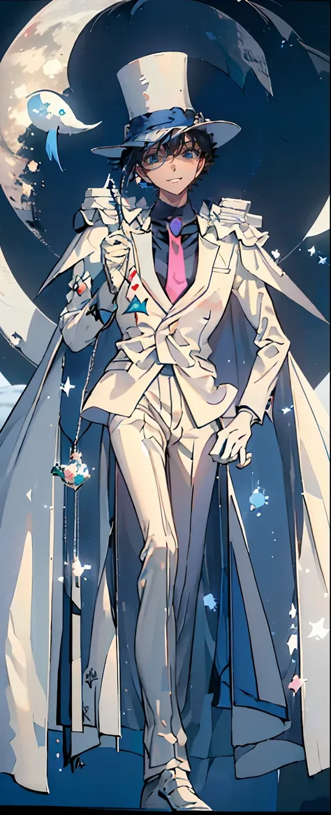 (Mastepiece), (Best Quality), Very detailed, ((17 year old boy:1.5)), (Full body photography:1.3)、Perfect Face, Beautiful Face, Very detailedな顔,(Black short hair:1.3),(Blue Eyes:1.3)、((White Suit 1.4))、(Blue Shirt)、(Pink tie)、((White Top Hat 1.4))、((White ...