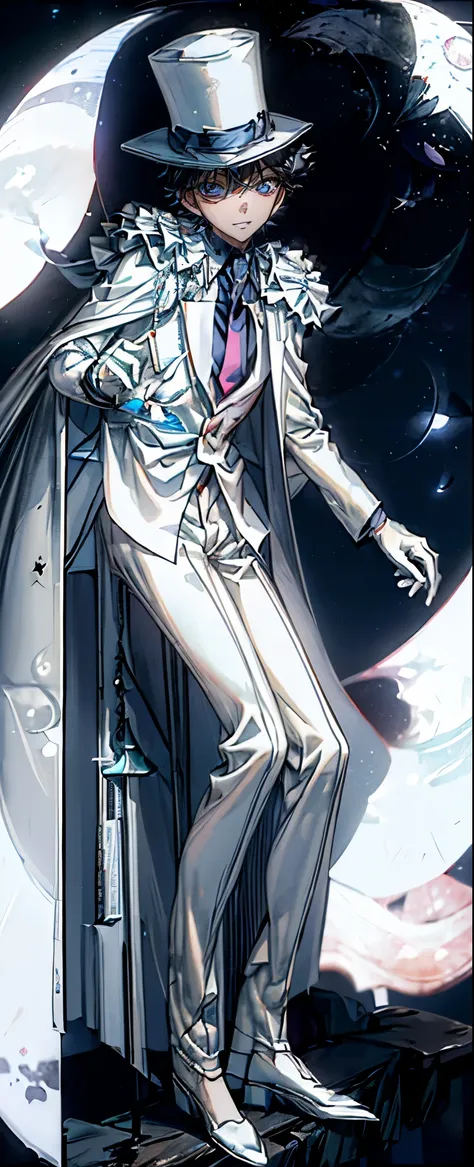 (Mastepiece), (Best Quality), Very detailed, ((17 year old boy:1.5)), (Full body photography:1.3)、Perfect Face, Beautiful Face, Very detailedな顔,(Black short hair:1.3),(Blue Eyes:1.3)、((White Suit 1.4))、(Blue Shirt)、(Pink tie)、((White Top Hat 1.4))、((White ...