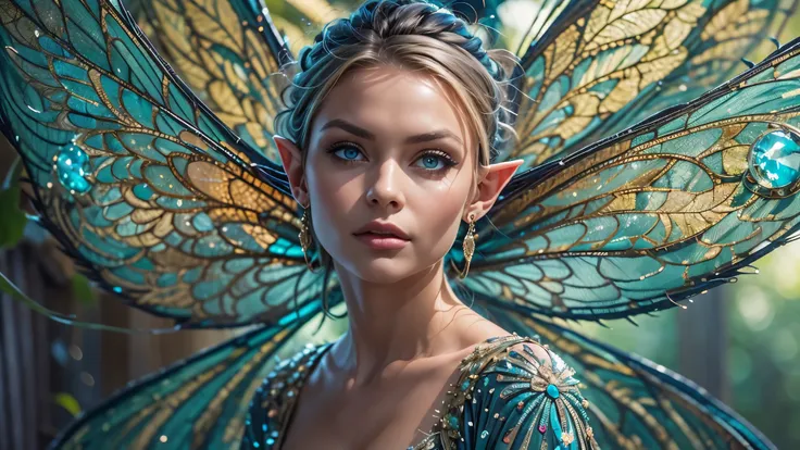 beautiful faerie woman, elf ear, flying, holographic dragonfly wings, glowing blue eyes, detailed proportional hands, detailed f...