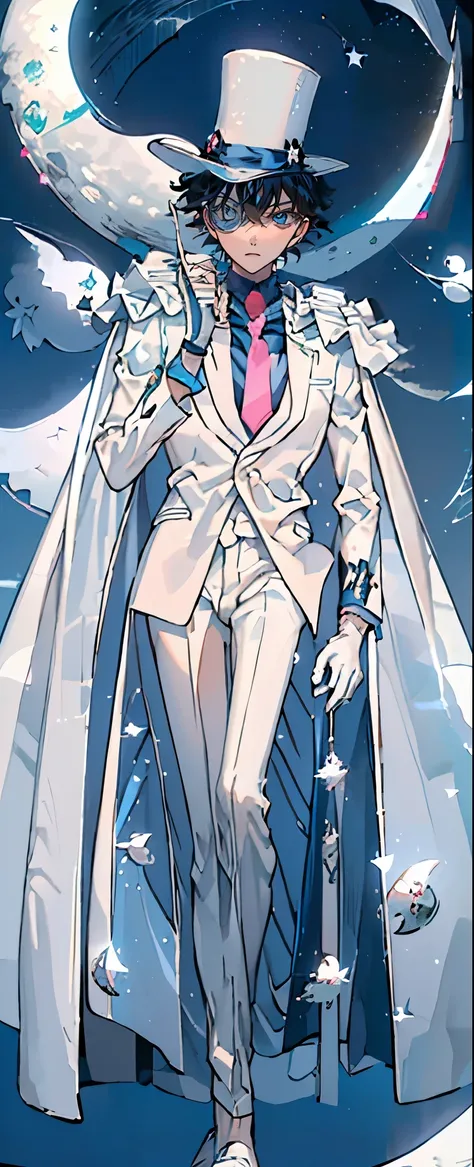(Mastepiece), (Best Quality), Very detailed, ((17 year old boy:1.5)), (Full body photography:1.3)、Perfect Face, Beautiful Face, Very detailedな顔,(Black short hair:1.3),(Blue Eyes:1.3)、((White Suit 1.4))、(Blue Shirt)、(Pink tie)、((White Top Hat 1.4))、((White ...