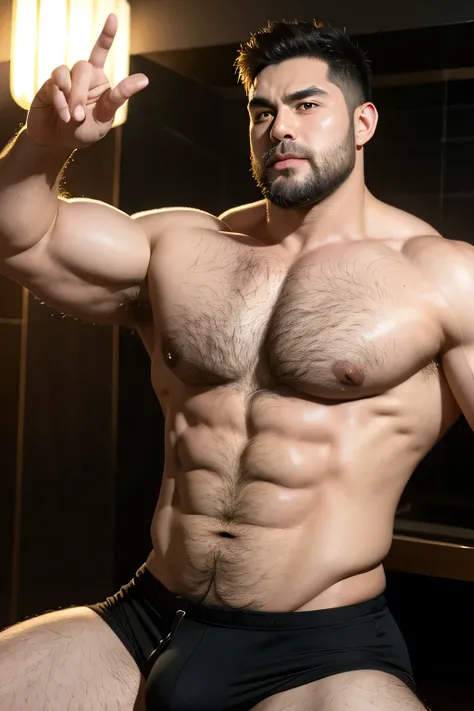 Hulk muscular uncle，big breasts slightly fat，Short beard，Thick eyebrows，Brush Cut，Have chest muscles，black，The crotch is long，Extra long，Armpit Hair，black calf，Showing off chest muscles，Chest hair on the pectoral muscles，Leg lift，Buttocks forward，Exposed p...