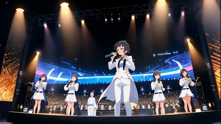 A girl in a white tuxedo sings on stage with a microphone、Dark and old bar、Anime Style、Behind him are band members in white tuxedos.