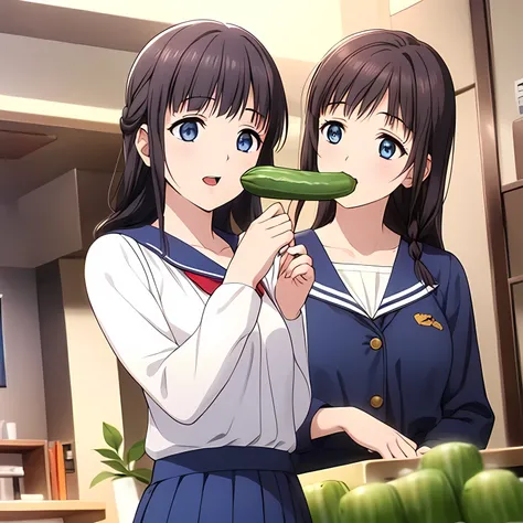 (highest quality, masterpiece:1.2), highest quality, High resolution, 1080p, 8K, Game heroine CG, Height: 158cm, ((The beautiful game heroine is eating a long cucumber with surprisingly sweet nectar with gusto.)), A face that everyone loves, Amazingly swee...