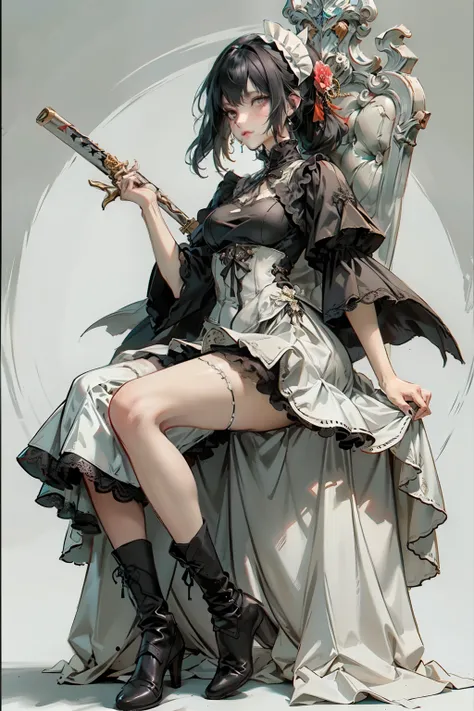 ((best quality)), ((masterpiece)), (detailed), blank white background, plain background, white background, red and white clothing, Bloodborne inspired,  occult aesthetic, occult, detailed and intricate steampunk and detailed gothic, NSFW, Very dramatic and...