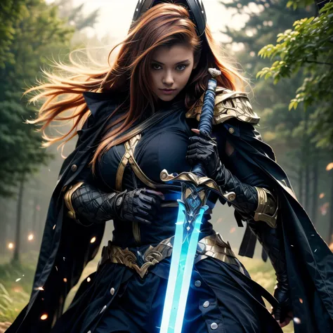 photorealistic, masterpiece, photorealistic, high resolution, soft light, hips up, arm up, blue eyes, ginger hair, long hair, Intricate details EABA, cloaks, Ninja, Armor, warrior, holding sword, glowing sword, sword up, weapon, sharpen sword, samurai helm...