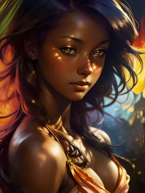 ((Solo Beautiful Carribean woman with dark skin and striking eyes)),  shadowed interior background, art by akihiko yoshida, manga art style, colorfield illustration, scary atmosphere, global illumination, by frank frazetta, art by goro fujita, glamor shot,...