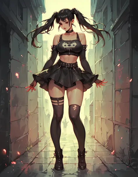 score_9. score_8_up, score_7_up, score_6_up, score_5_up, score_4_up, 1girl, long hair, black hair, large breast, curvy, gothic, choker, g0th1cPXL, glowing, full body, city, neon, twintails, dancing, 