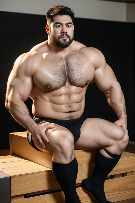 Hulk muscular uncle，big breasts slightly fat，Short beard，Thick eyebrows，Brush Cut，Have chest muscles，Formal black socks，Showing off chest muscles，Chest hair on the pectoral muscles，Leg lift，Buttocks forward，Exposed pedals，Sitting in the jjimjilbang，Very sh...