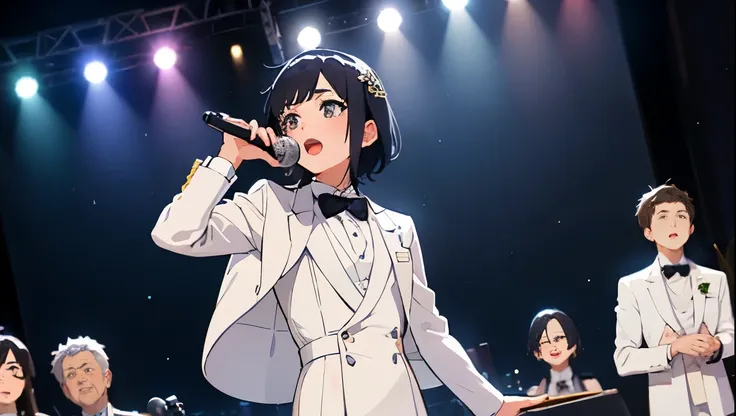 A girl in a white tuxedo sings on stage with a microphone、Dark and old bar、Anime Style、Behind him are band members in white tuxedos.