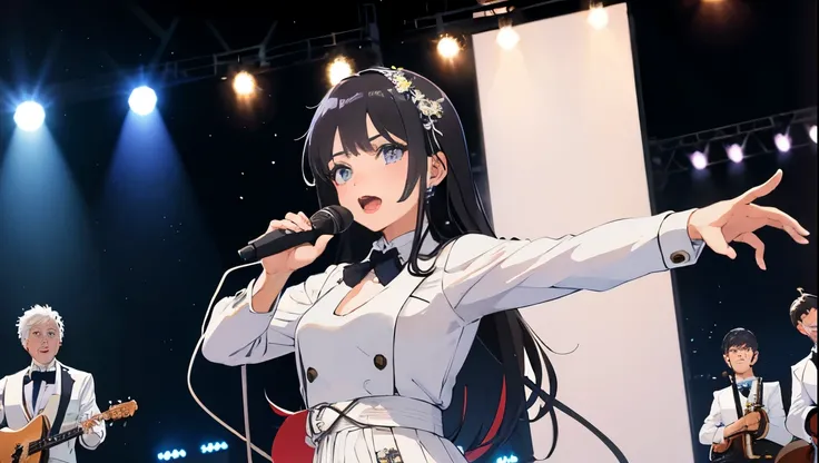 A girl in a white tuxedo sings on stage with a microphone、Dark and old bar、Anime Style、Behind him are band members in white tuxedos.