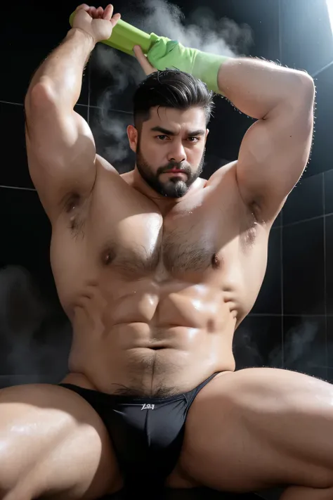 Hulk muscular uncle，big breasts slightly fat，Short beard，Thick eyebrows，Brush Cut，Have chest muscles，black，The crotch is long，Extra long，Armpit Hair，black calf socks，Showing off chest muscles，Chest hair on the pectoral muscles，Leg lift，Buttocks forward，Exp...