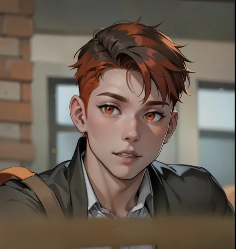 orange eyes orange hair cute 17 year old man speaks seriously 