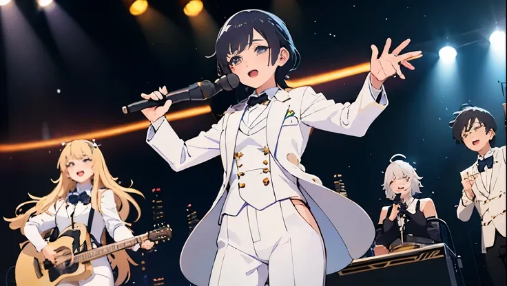 A girl in a white tuxedo sings on stage with a microphone、Dark and old bar、Anime Style、Behind him are band members in white tuxedos.