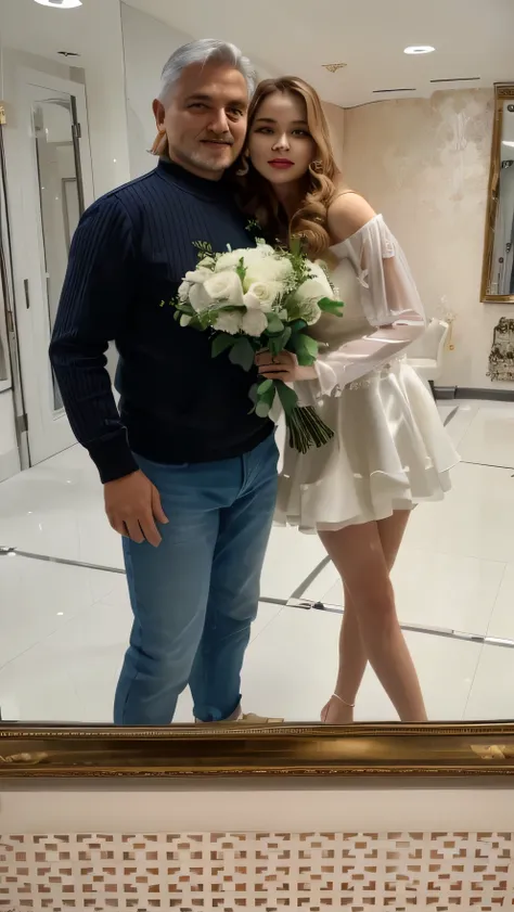 A man and a woman stand in front of a mirror, with flowers, roses, bouquet, White dress ,style of Yulia Razumova, in style of stanislav vovchuk, Nice couple, Catherine