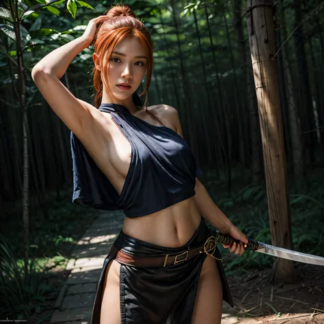 photorealistic, masterpiece, photorealistic, high resolution, soft light, hips up, arm up, blue eyes, ginger hair, long hair, Intricate details EABA, cloaks, Ninja, Armor, warrior, holding blade, glowing blade, blade up, weapon, sharpen edge blade, samurai...