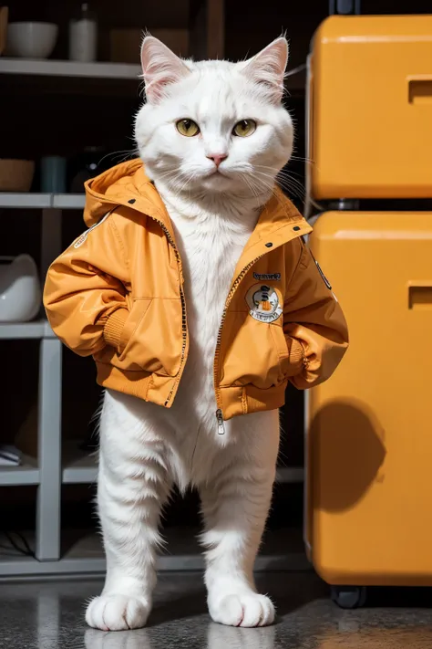 white cat with an orange jacket standing, mascot style