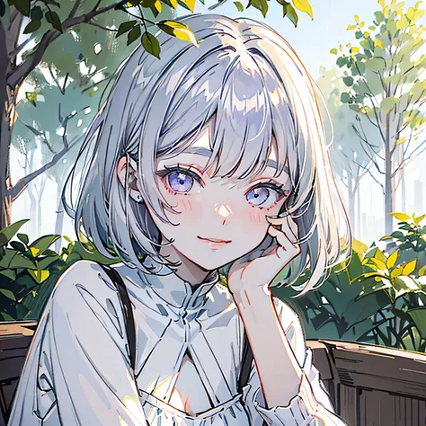 One Girl、Gray Hair、Bob Hair、trimmed bangs、White long sleeve dress、Light purple eyes、A cute smiling face、Bright expression、There are lots of green plants in the background、About 22 years old、Drawing from head to shoulders