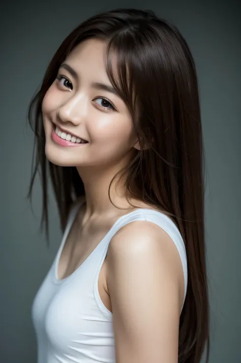 The beauty of 8K raw photos:2.0, Japanese woman, brown hair, beautiful face and dark eyes, looking up, looking at the viewer:1.5, big smile, wet hair, tiny top, put hands on the hip, (school swimwear:1.2), shinny skin, realistic:1.9, very detailed, full bo...