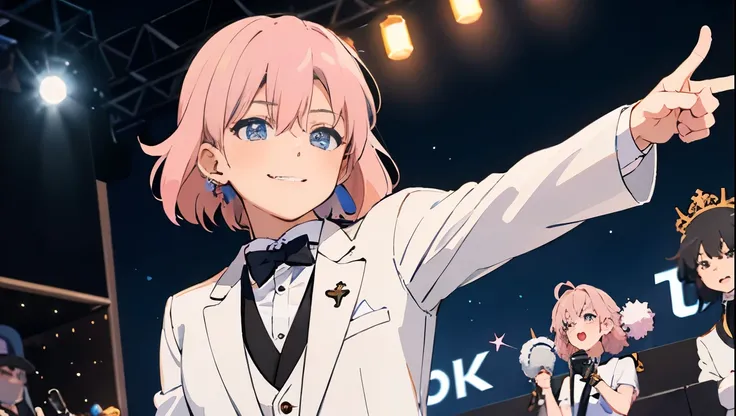 A cute girl with pink hair wearing a white tuxedo is smiling on stage、Dark and old bar、Anime Style、Behind him are several band members in white tuxedos.