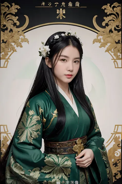 1 girl, heroine, handsome, splashed ink, chinese armor, (upper body), black hair, floating hair, delicate eyes, black and green ...