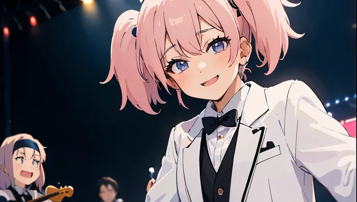 A cute girl with pink hair wearing a white tuxedo is smiling on stage、Dark and old bar、Anime Style、Behind him are several band members in white tuxedos.