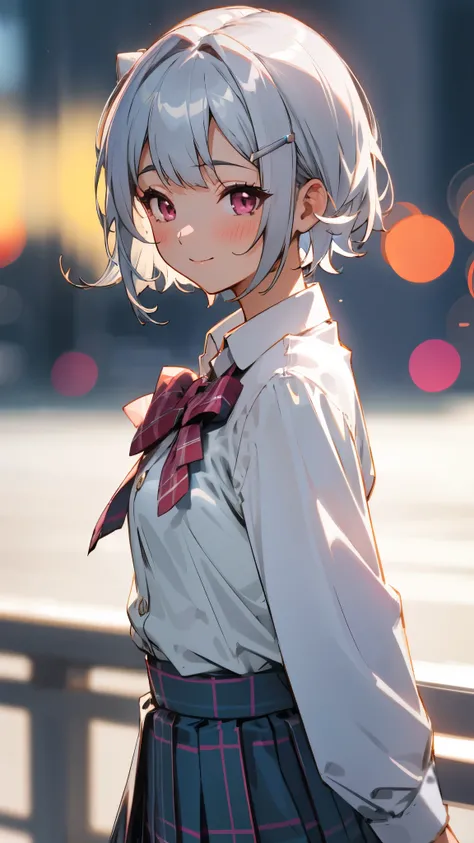 1 girl、8k、Sharp focus、(Bokeh) (highest quality) (Detailed skin:1.3) (Intricate details) (anime)、Silver short hair and bob hair、Hair tied up with a hair clip..、Pink Eyes、white blouse shirt、Tartan Check Skirt、smile、From the side、Upper body close-up、Sharp con...