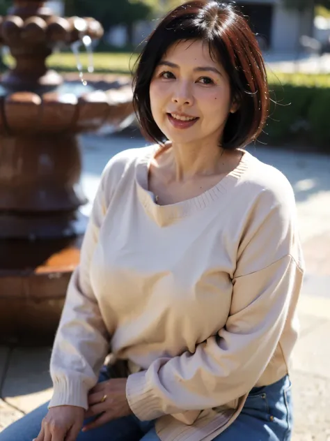 (highest quality, 8k, 32k, masterpiece, Ultra-high resolution:1.2),Beautiful Japanese Women Photos,A little chubby, Around 60 years old, Wrinkles around the eyes,  Plump Mature Woman, Large Breasts, Shortcut hair, whole body,Beige sweater、Skinny jeans, ,  ...