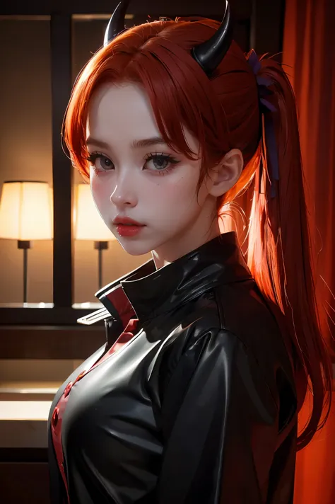 4k, 8k, masterpiece, best quality, upper body, 1girl, looking at viewer, red hair, medium hair, purple eyes, demon horns, black ...