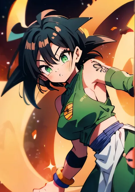 ((solo:1.2)) A ((Thick)) African American female with long black hair cosplaying in a ((Dragon Ball Z)) outfit, slanted green colored eyes, ((standing up)) blushing with bracelets on both of her arms, and a ((Dragon Tattoo)) coming down on the ((side)) of ...