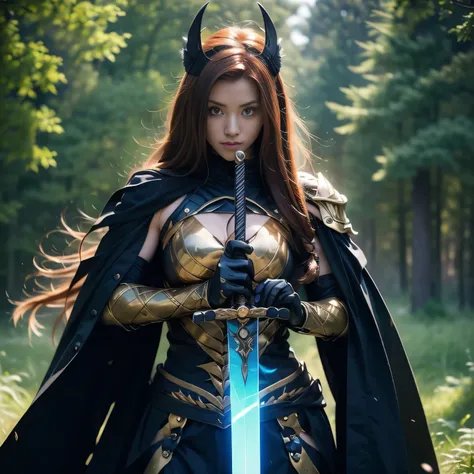 photorealistic, masterpiece, photorealistic, high resolution, soft light, hips up, arm up, blue eyes, ginger hair, long hair, Intricate details EABA, cloaks, Ninja, Armor, warrior, holding sword, glowing sword, sword up, weapon, sharpen sword, samurai helm...