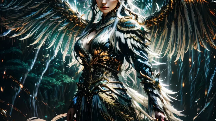 A majestic Valkyrie, adorned with wings, dashes through a verdant forest, her long, gleaming platinum locks streaming behind her. She wears a heroic helmet emblazoned with intricate designs, accentuating her regal and powerful demeanor. The ultra-detailed ...