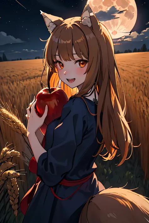 highest quality、High resolution、1 girl、alone、holo、犬teeth、teeth、(Bangs alignment、Light brown hair、Wolf Ears、Ending、Run、Navy Blue Dress、Wheat field at night、full moon、Has a big tail、She has an apple