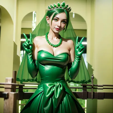 Emerald tiara, Green Pearl Necklace, Boyish very short green hair, lipstick, Smiling Japanese woman, Very short hair, Big and beautiful, Green Eyes, Long green satin gloves, Green Eyes, V sign, Emerald Earrings, Green veil, peace sign, 30-year-old woman, B...