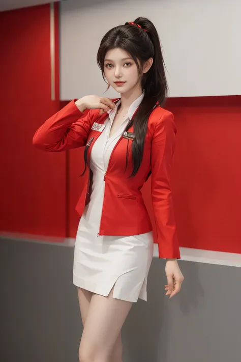 (masterpiece:1.2, highest quality:1.2), 32K HDR, High resolution, (alone、1 girl)、（At the airport entrance、Professional Lighting）、（Realistic style with AirAsia flight attendant uniforms）、（AirAsia uniform unzipped red jacket、AirAsia uniform long sleeve red j...