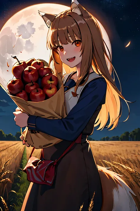 highest quality、High resolution、1 girl、alone、holo、犬teeth、teeth、(Bangs alignment、Light brown hair、Wolf Ears、Ending、Run、Navy Blue Dress、Wheat field at night、full moon、Has a big tail、She has an apple