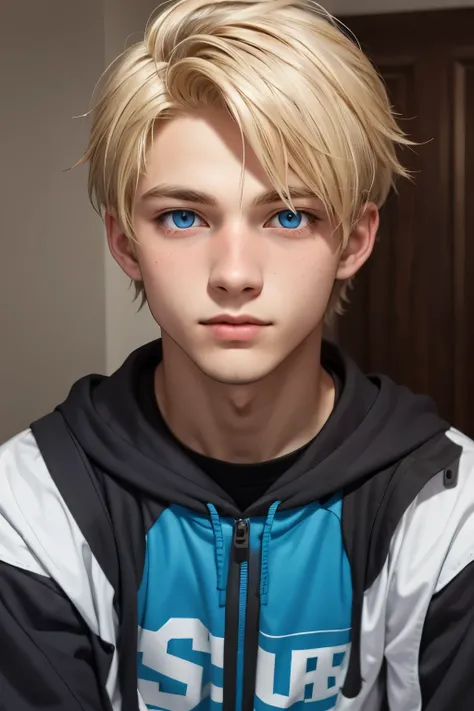 create a 16 year old blonde british male with blue gray eyes completely banged by the&#39;grass sitting next to&#39;a campfire p...