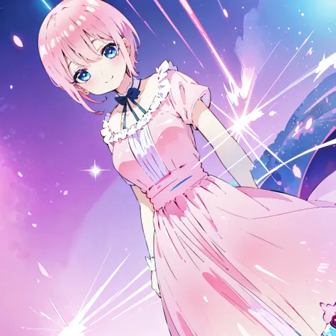 ichika nakano, short pink shiny hair, dynamic pose, soft expressive face,, sweet face, smile, iridescent, ((ballgown iridescent)...