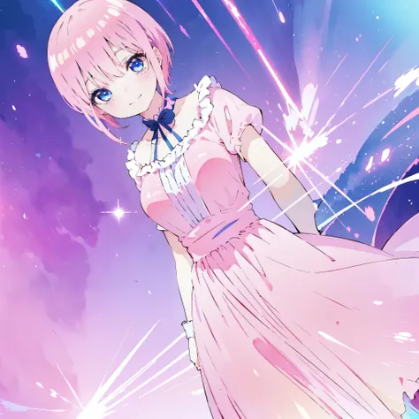 ichika nakano, short pink shiny hair, dynamic pose, soft expressive face,, sweet face, smile, iridescent, ((ballgown iridescent)...