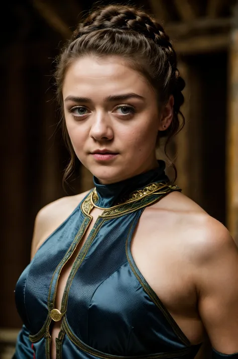 Foto RAW, Arya Stark, Stunning Beauty, Ravishing, Enchantress, Extremely gorgeous lady, Arya Stark PLAYED BY MAISIE WILLIAMS, Queen Arya Stark, she  a mature woman now, milf, sexy mediaeval battle dress, gladiator woman, body, 40 years old Woman, Roman sla...