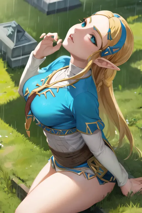 (((zelda from the legend of zelda))), Artwork, best quality, high resolution, sexy features,, (perfect), (wonderful), ((waifu)), (looking up:1.3), (raining), ((realistic)), (evil), (teen),(school outfit), in the cemetery on a full moon night with glowy air...