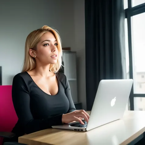 Blonde Frau sitzt an einem Schreibtisch und benutzt einen Laptop, Lorena Avarez, by Gina Pellon, Profilbild, Caroline Gariba, in the office, Arbeiten an einem Laptop an einem Tisch, Julia Fuentes, Marischa Becker, to work in an office, in the office, ferna...