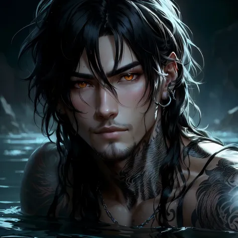 a close-up of a person with tattoos on their arms in the water, handsome guy in demon slayer art, cute japanese demon boy, por Yang J, personagem de anime masculino, impressionante retrato de rosto de anime, menino tribal de anime com cabelo comprido, fant...