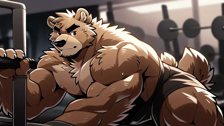 Author: Takemoto Arashi, (1 boy), a huge muscular grizzly bear, powerful bear, shirtless, bear working out, bear in a gym, bear with ripped muscles, bear with veins, bear with a determined expression, pushups, sweat, dramatic lighting, cinematic compositio...